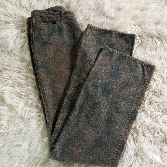VTG Ralph Lauren Paisley Jeans PLAID LABEL Blue Gold Print Mid Rise 2 Small